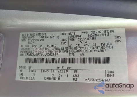 2018 Ford Escape S z USA, uszkodzony, nr VIN 1FMCU0F76JUC62827
